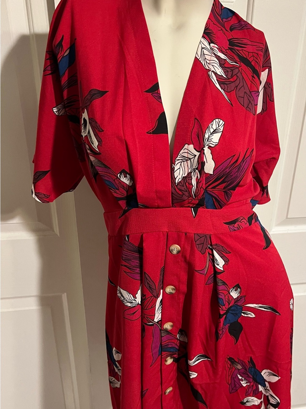 SHEIN Red Floral Midi Dress with Deep V-Neck